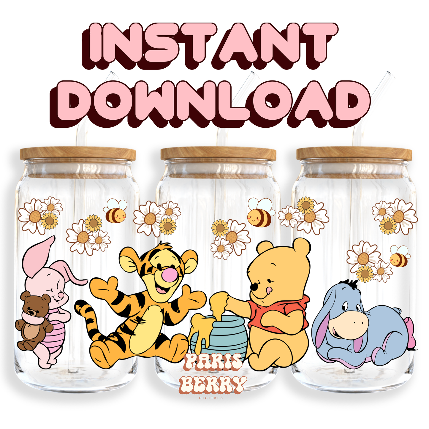 Baby Honey Pooh Bear Florals - 16oz PNG Cup Wrap | Instant Digital Download