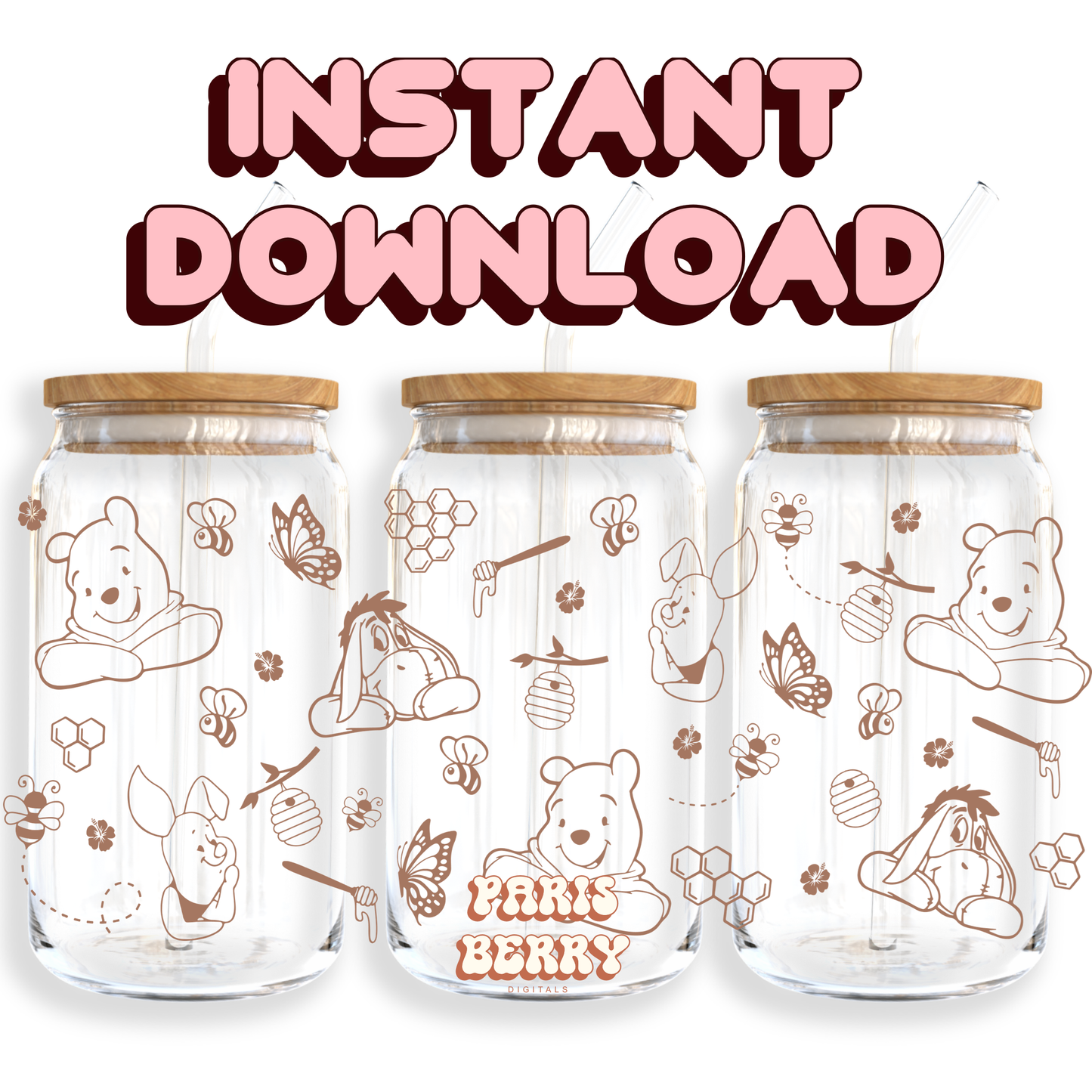 Honey Pooh Bear Friends - 16oz PNG Cup Wrap | Instant Digital Download