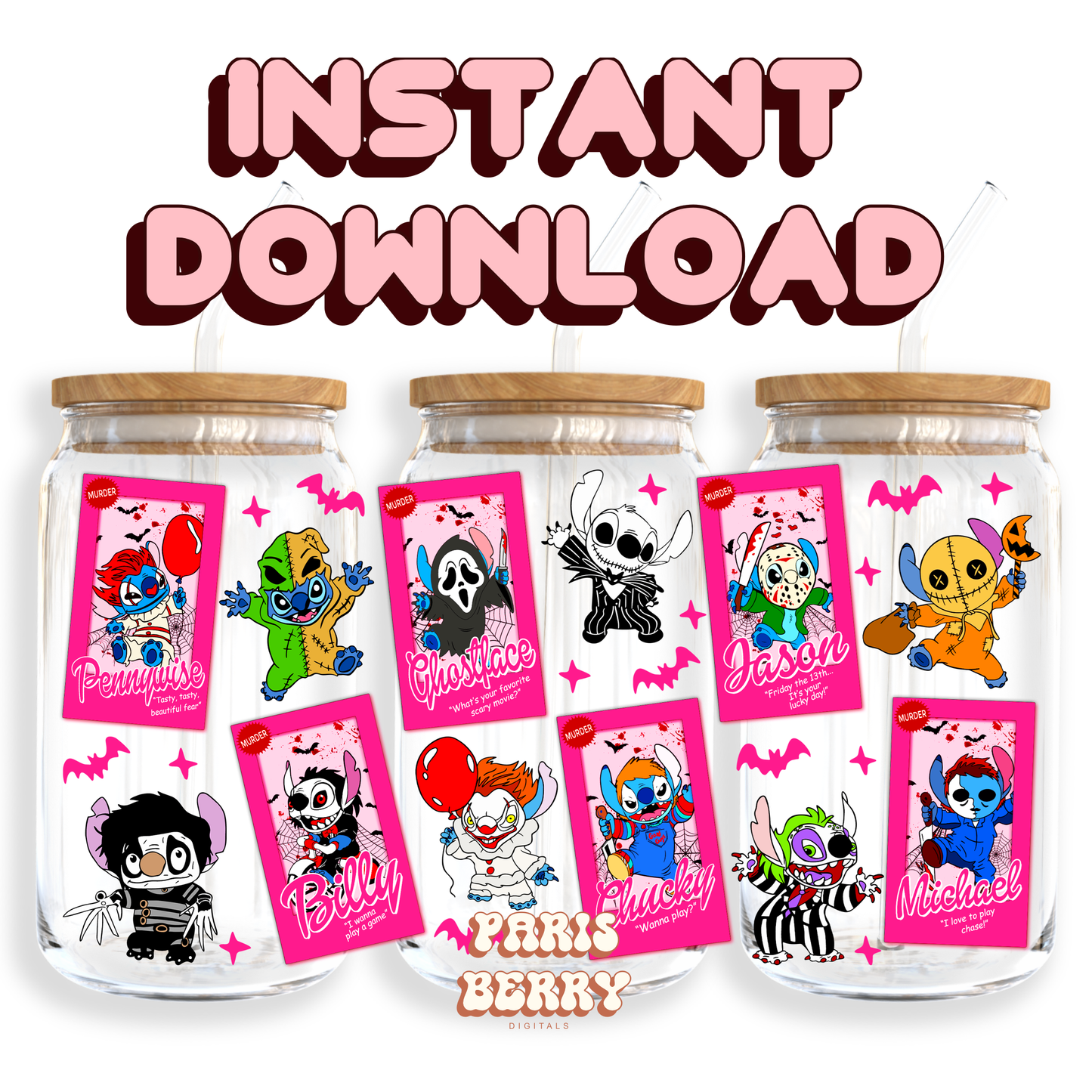 Spooky Cute Blue & Friends - 16oz PNG Cup Wrap | Instant Digital Download