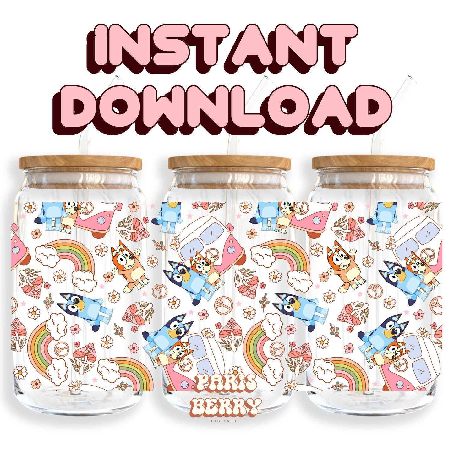 Cute Bluish Pup Rainbow - 16oz PNG Cup Wrap | Instant Digital Download