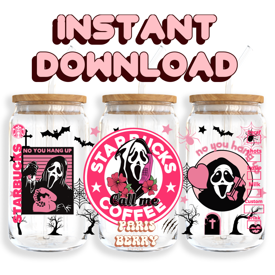 Pink Ghostface Coffee - 16oz PNG Cup Wrap | Instant Digital Download