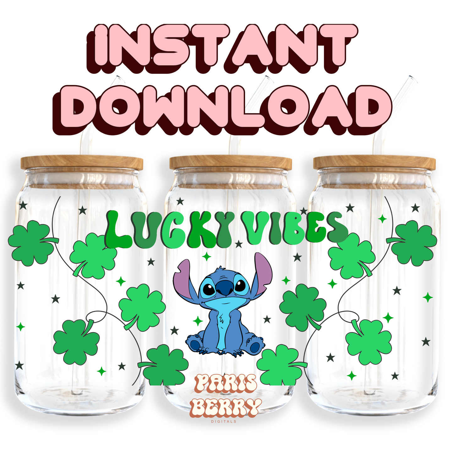 Cute Blue Lucky Vibes - 16oz PNG Cup Wrap | Instant Digital Download