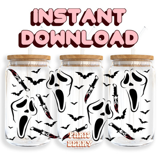 Spooky Ghostface & Bats - 16oz PNG Cup Wrap | Instant Digital Download