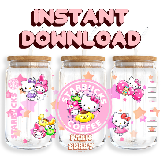 Cute Pink H.Kitty Coffee - 16oz PNG Cup Wrap | Instant Digital Download