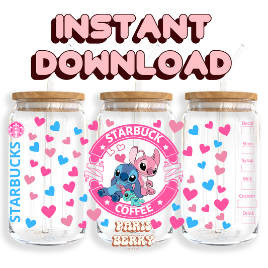 Cute Blue & Pink Hearts Coffee - 16oz PNG Cup Wrap | Instant Digital Download