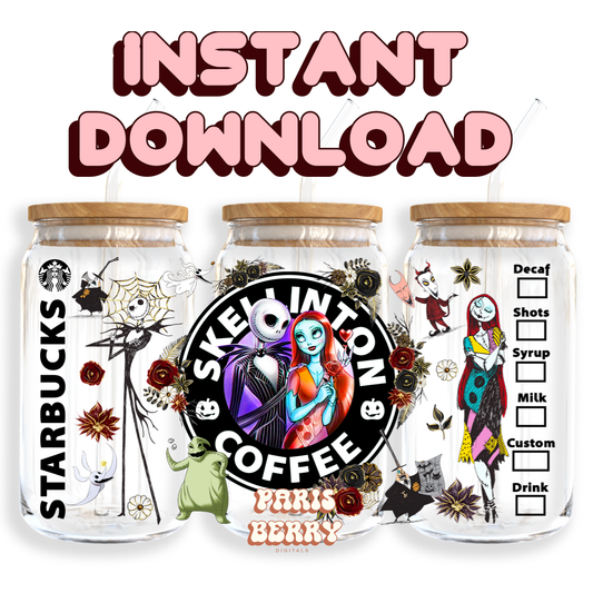 Skellington Coffee - 16oz PNG Cup Wrap | Instant Digital Download