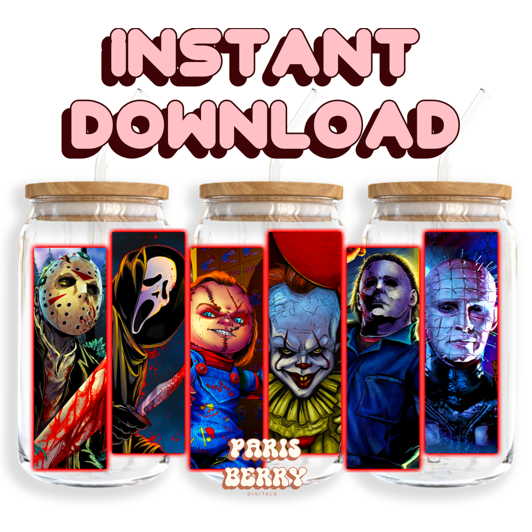 Spooky Movie Villain Friends - 16oz PNG Cup Wrap | Instant Digital Download