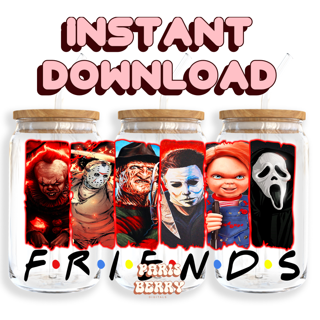 Spooky Movie Friends - 16oz PNG Cup Wrap | Instant Digital Download