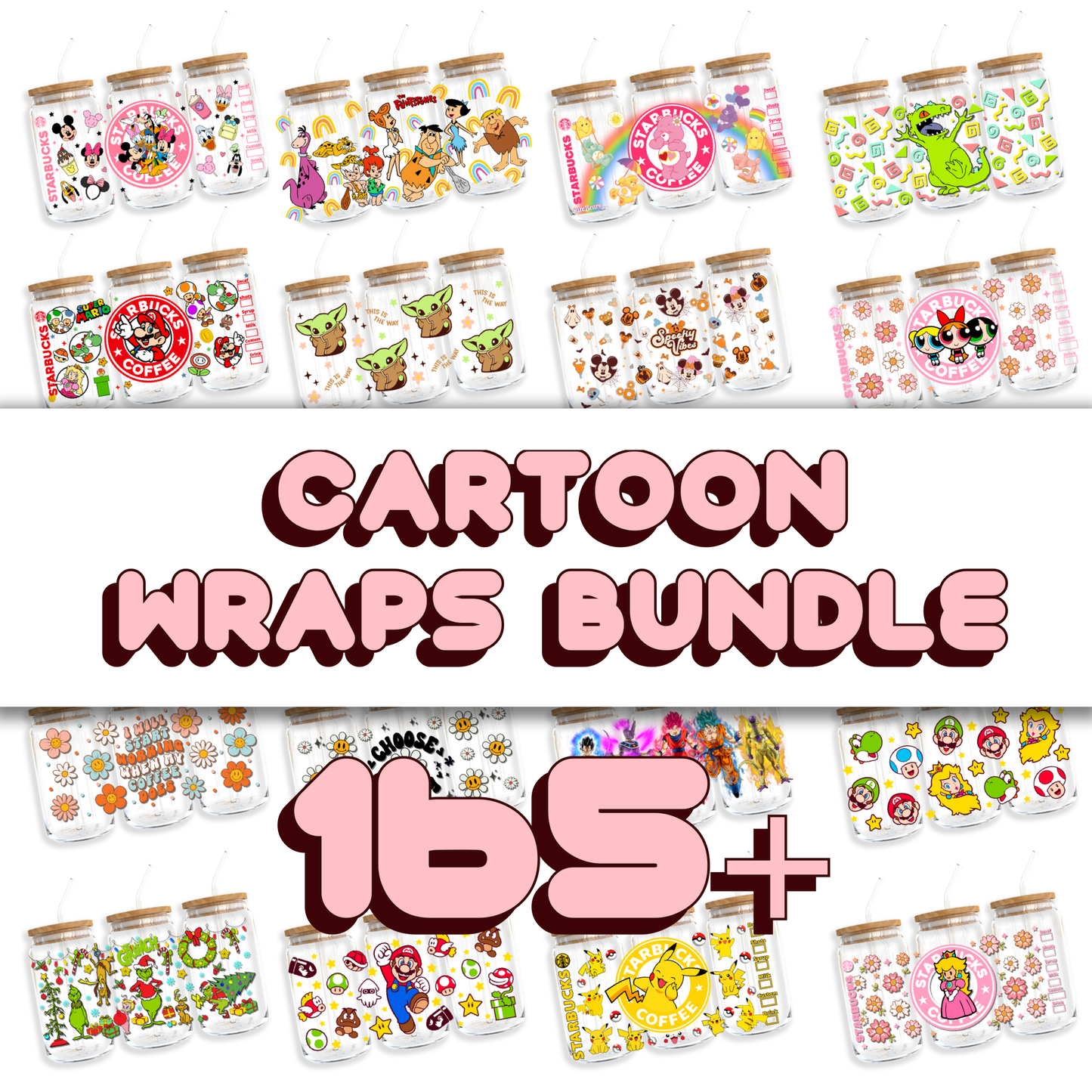 Cartoon Characters Bundle - 16oz PNG Cup Wrap Bundle | Instant Digital Download