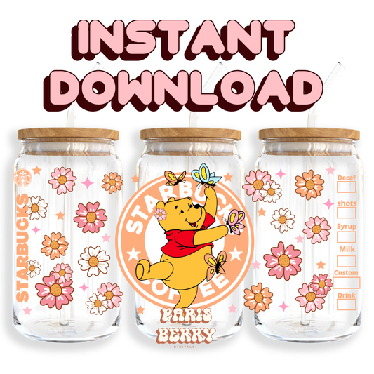 Honey Pooh Bear Floral Coffee - 16oz PNG Cup Wrap | Instant Digital Download