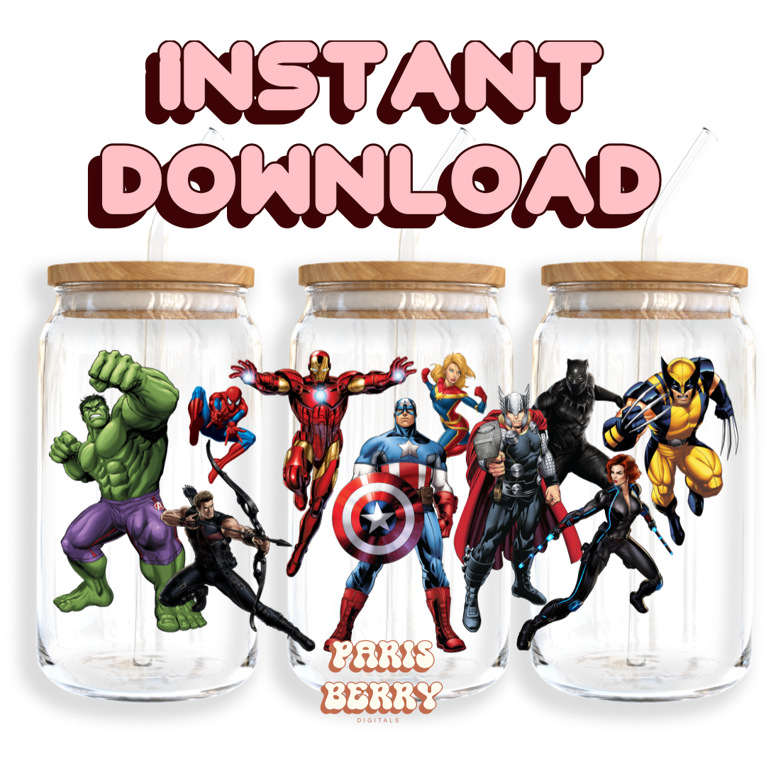 Marvel Comic Heroes - 16oz PNG Cup Wrap | Instant Digital Download