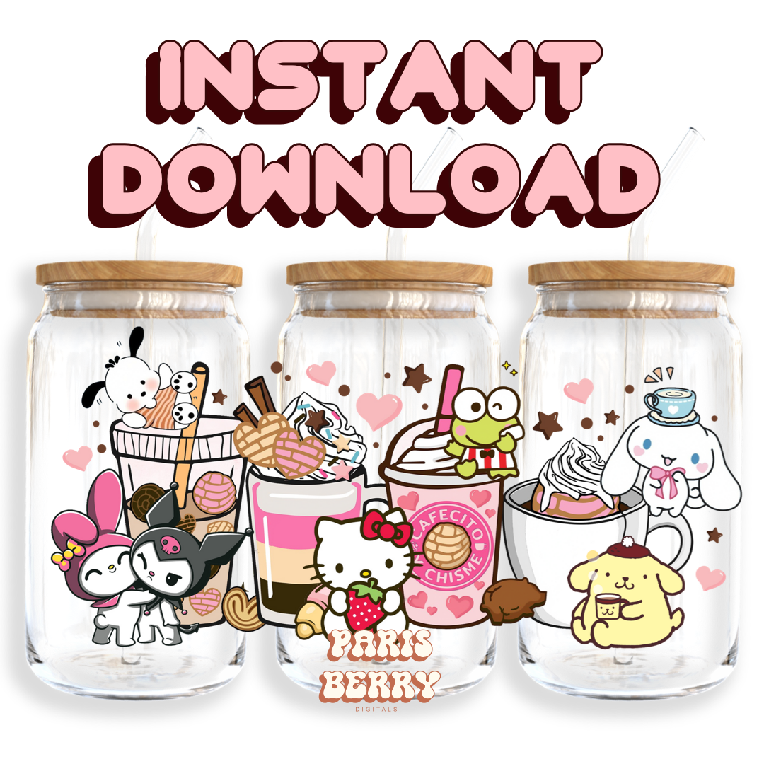 Cute H.Kitty Drinks - 16oz PNG Cup Wrap | Instant Digital Download