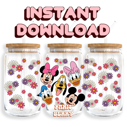 Floral Mouse & Friends - 16oz PNG Cup Wrap | Instant Digital Download