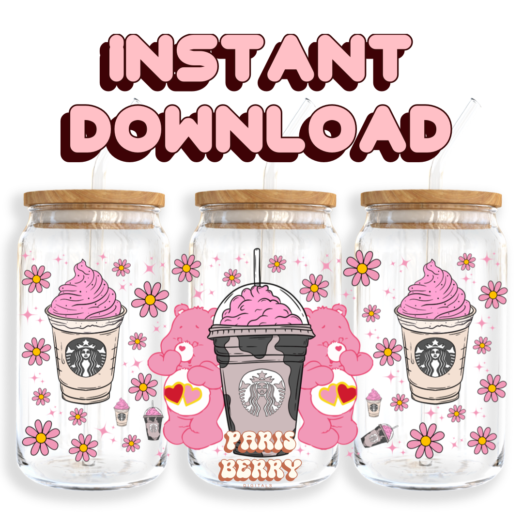 Pink Care Drinks Bears - 16oz PNG Cup Wrap | Instant Digital Download