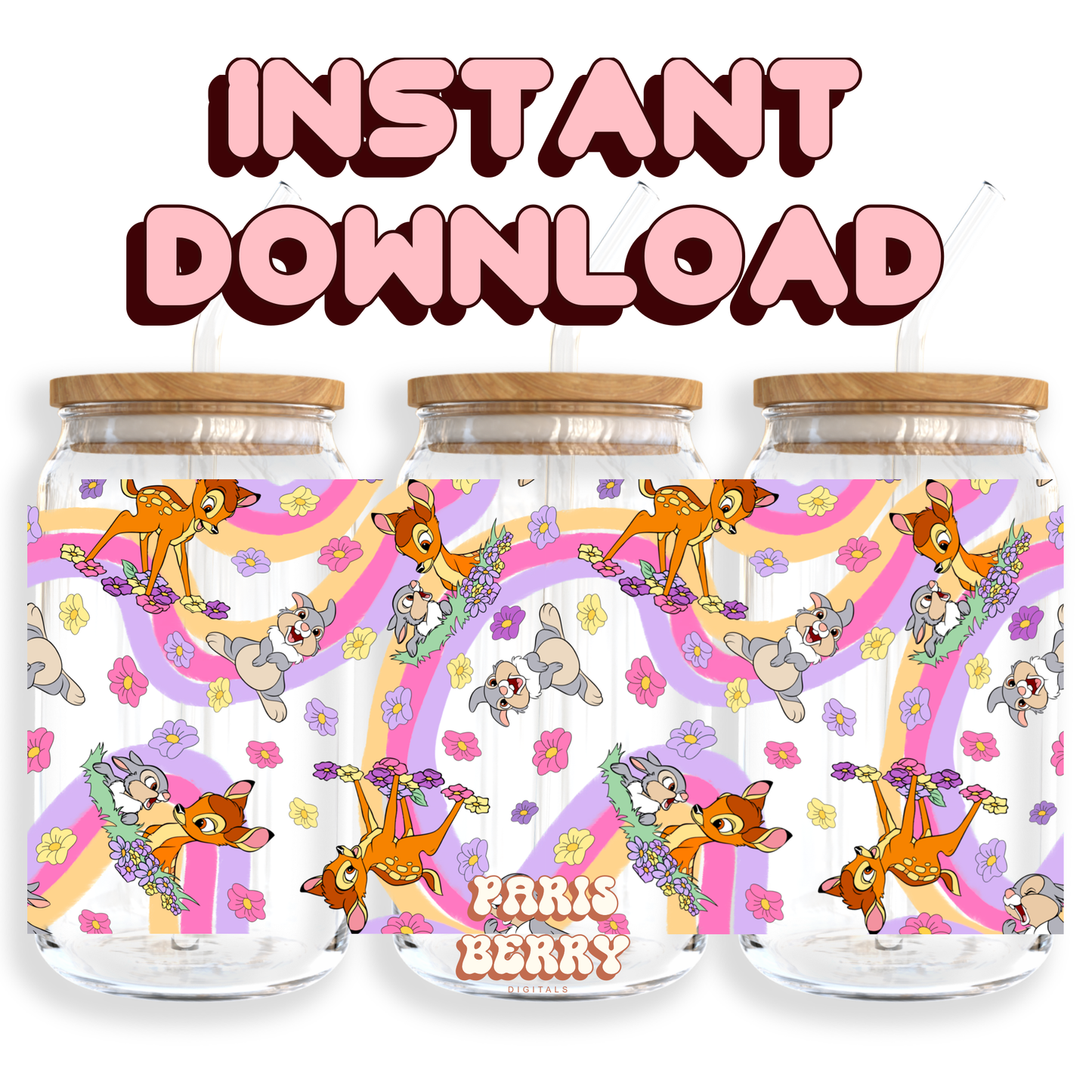 Cute Bunny & Deer Rainbow - 16oz PNG Cup Wrap | Instant Digital Download