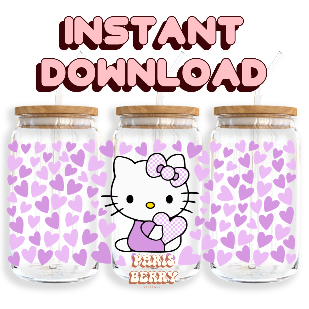 Cute Purple H.Kitty Hearts - 16oz PNG Cup Wrap | Instant Digital Download