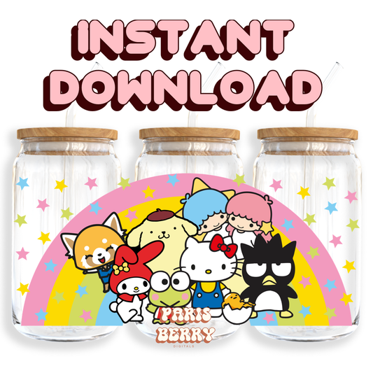 H.Kitty & Rainbow Friends - 16oz PNG Cup Wrap | Instant Digital Download