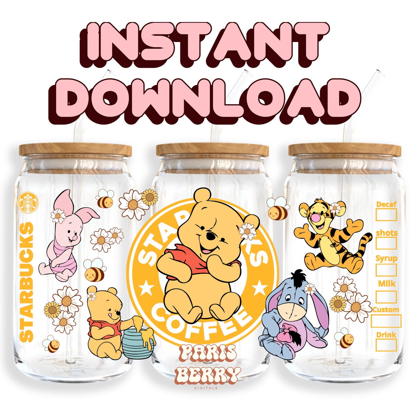 Honey Bear & Friends Coffee - 16oz PNG Cup Wrap | Instant Digital Download