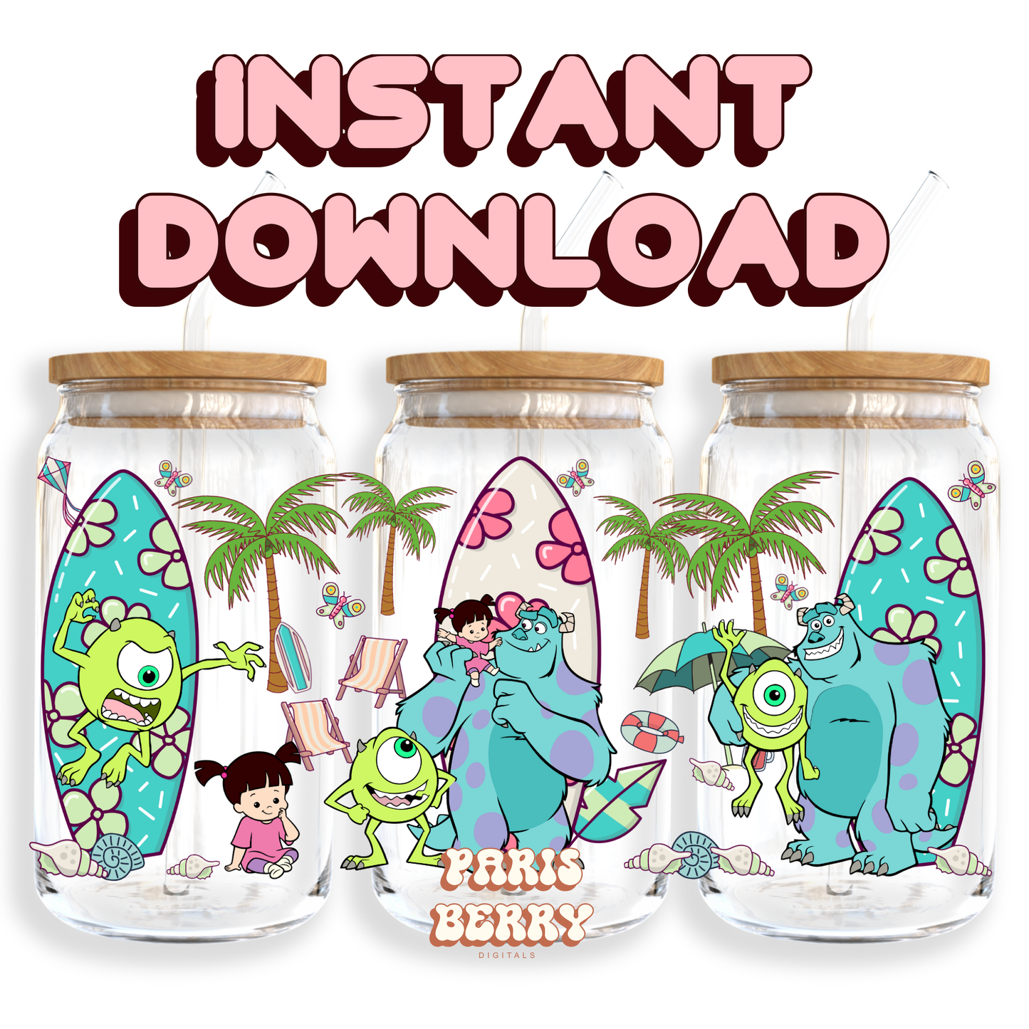 Beach Monsters & Friends - 16oz PNG Cup Wrap | Instant Digital Download