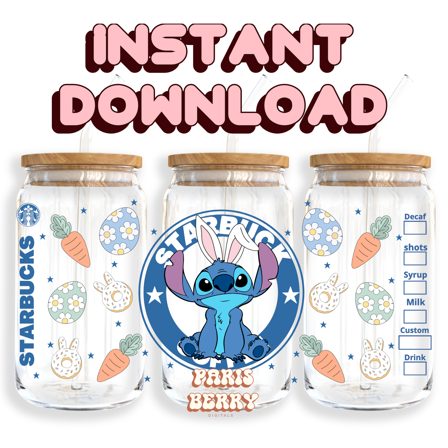 Cute Blue & Carrots Coffee - 16oz PNG Cup Wrap | Instant Digital Download