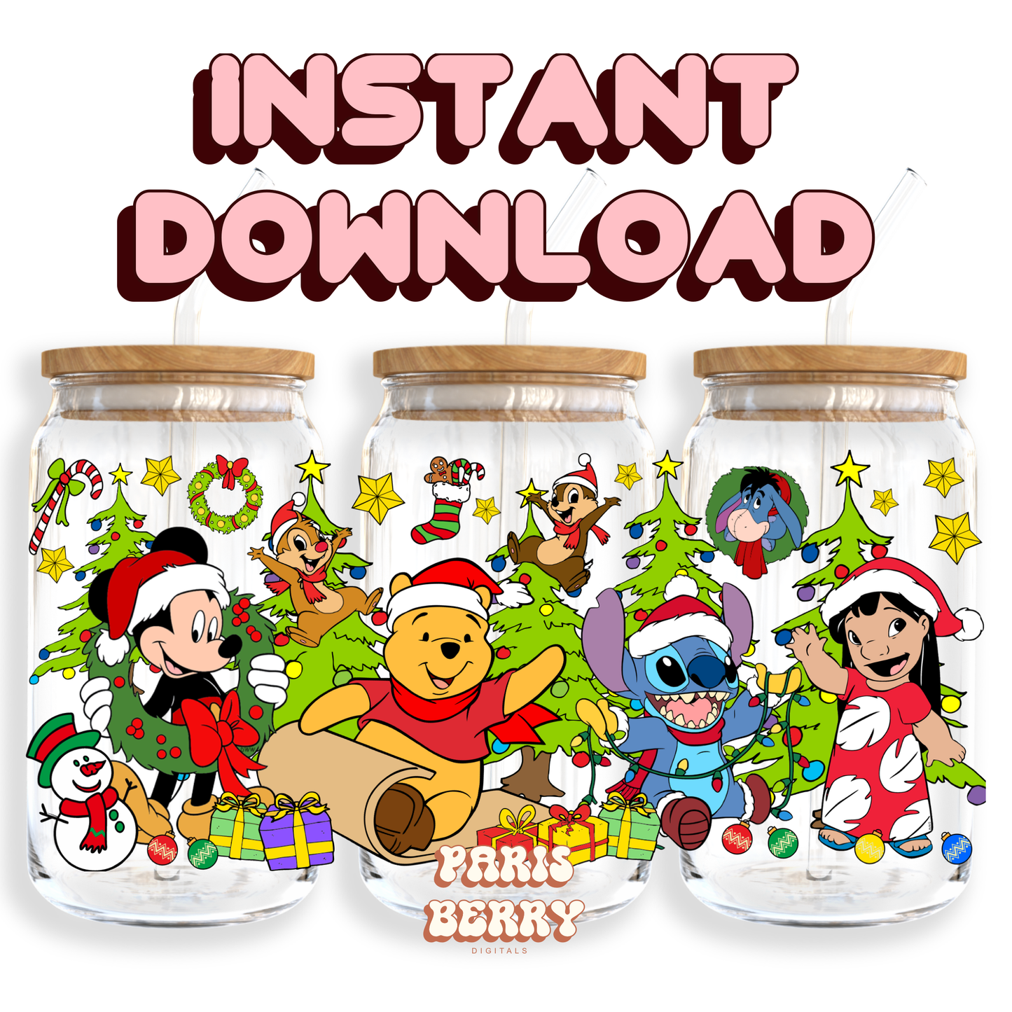 Christmas Mouse & Friends - 16oz PNG Cup Wrap | Instant Digital Download