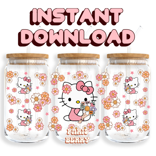 Cute H.Kitty Spring Florals - 16oz PNG Cup Wrap | Instant Digital Download