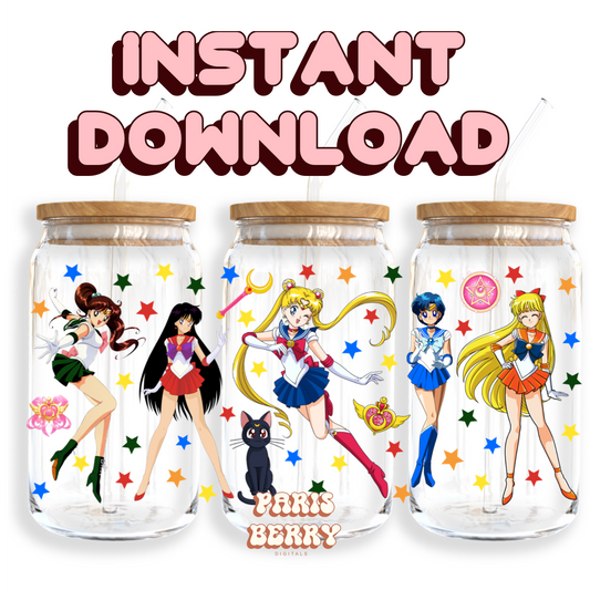 Sailor Girl Star Moons - 16oz PNG Cup Wrap | Instant Digital Download