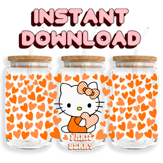 Cute H.Kitty Orange Hearts - 16oz PNG Cup Wrap | Instant Digital Download