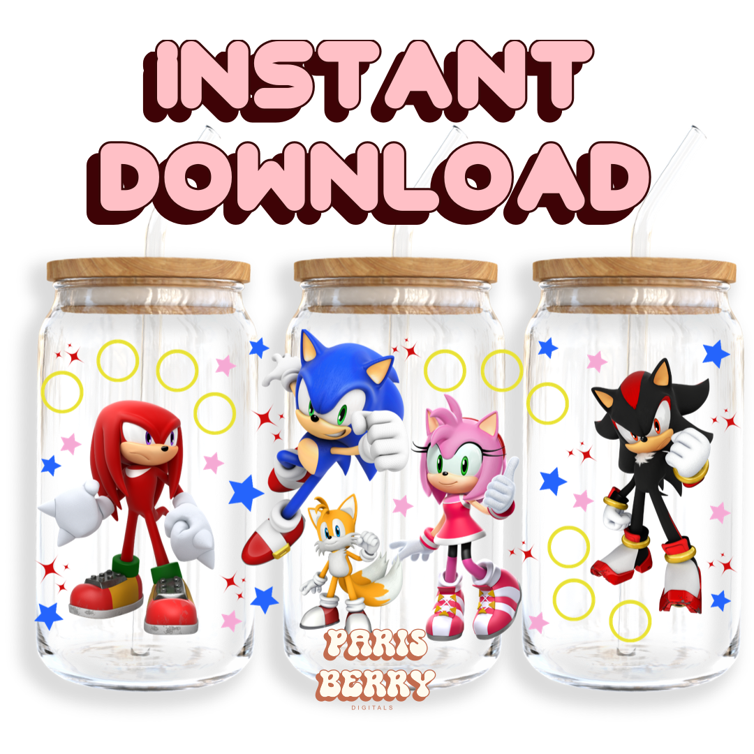 Blue Hedgehog & Friends - 16oz PNG Cup Wrap | Instant Digital Download