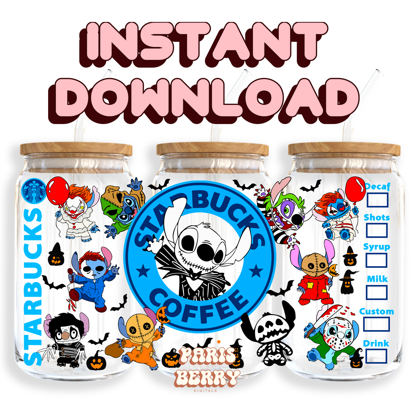 Spooky Cute Blue Coffee - 16oz PNG Cup Wrap | Instant Digital Download