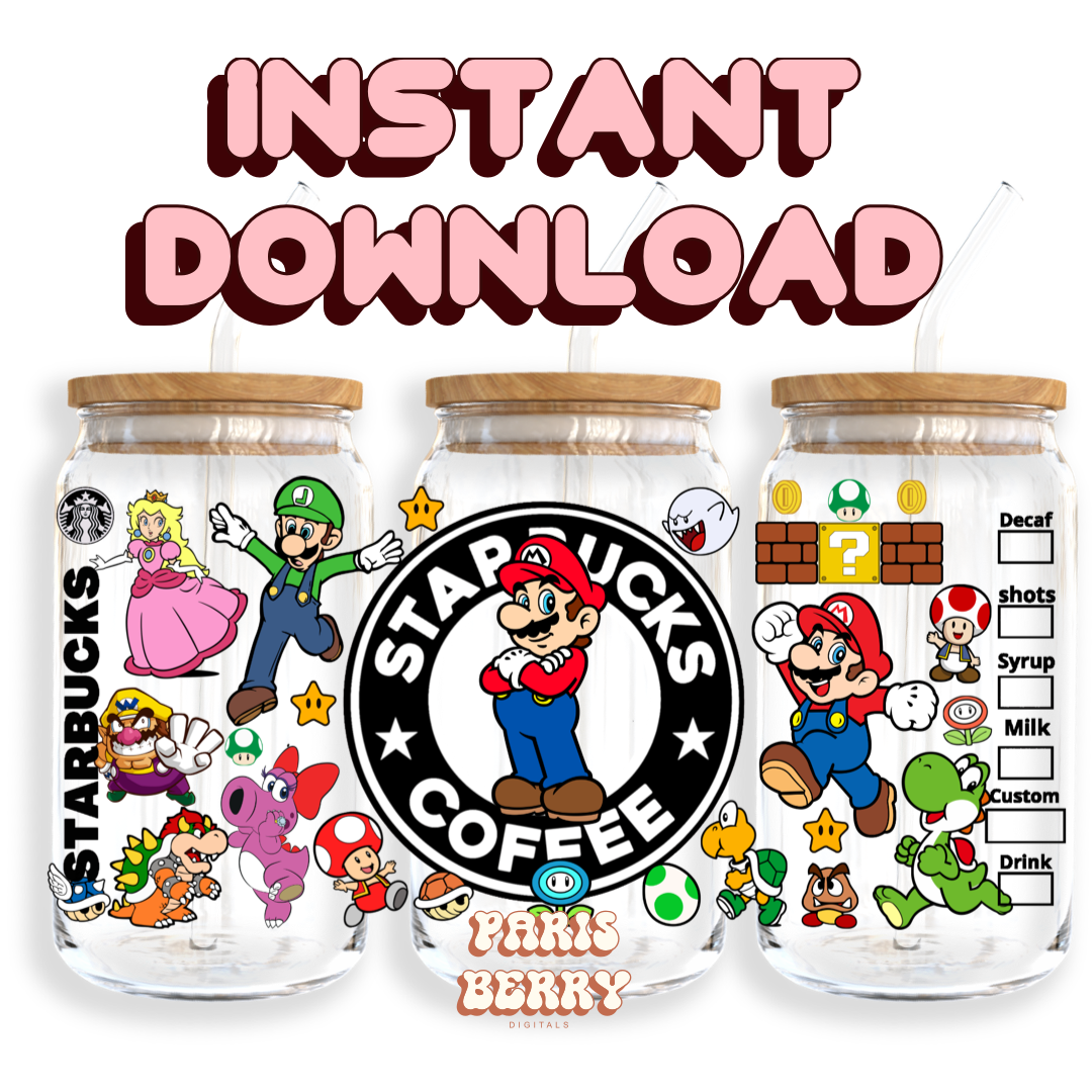 Super Bros 64 Coffee - 16oz PNG Cup Wrap | Instant Digital Download