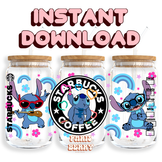 Cute Blue Rock N' Roll Coffee - 16oz PNG Cup Wrap | Instant Digital Download