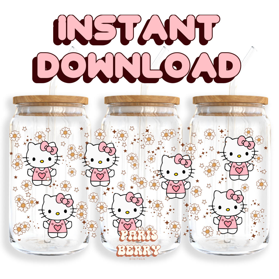 Cute H.Kitty Florals - 16oz PNG Cup Wrap | Instant Digital Download