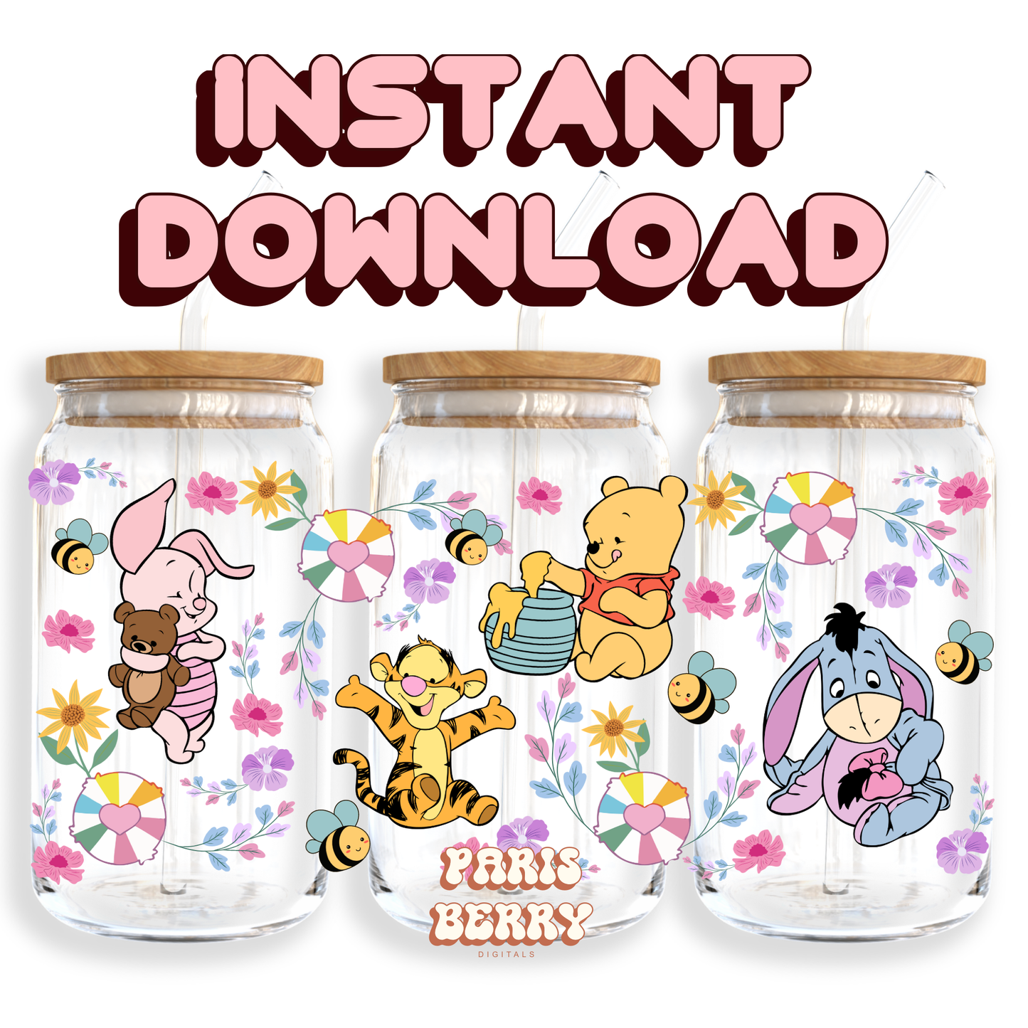 Honey Bear & Friends Spring Vibe - 16oz PNG Cup Wrap | Instant Digital Download