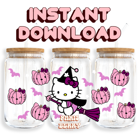 Spooky H.Kitty Witch - 16oz PNG Cup Wrap | Instant Digital Download