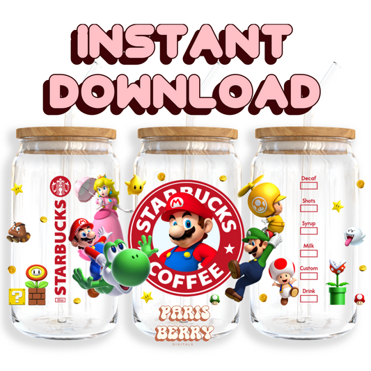 Super Bros 64 Coffee - 16oz PNG Cup Wrap | Instant Digital Download