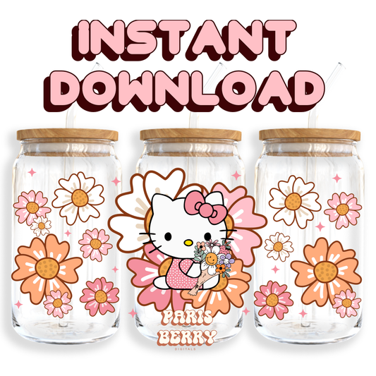 Cute H.Kitty Flowers - 16oz PNG Cup Wrap | Instant Digital Download