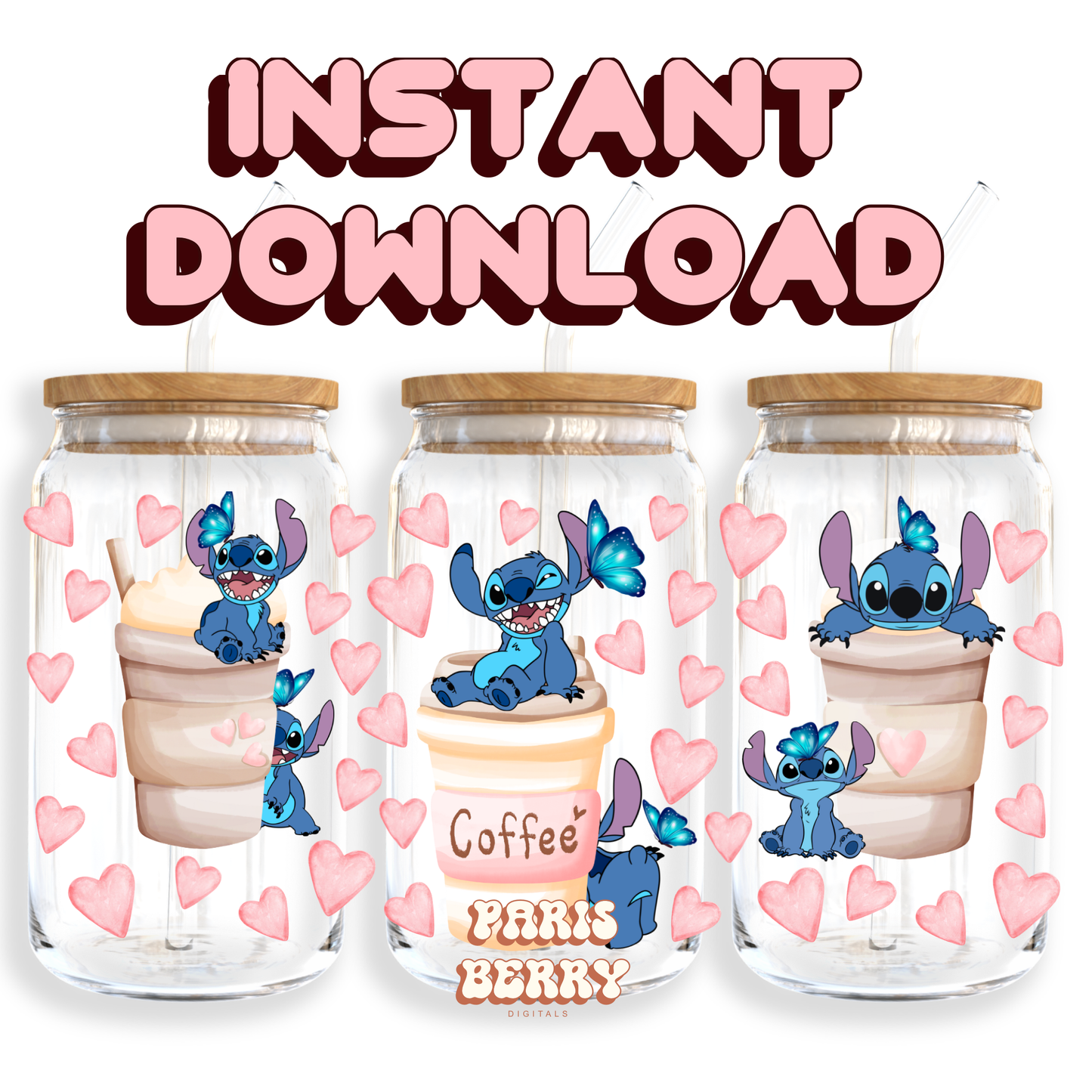 Cute Blue Heart Drinks - 16oz PNG Cup Wrap | Instant Digital Download