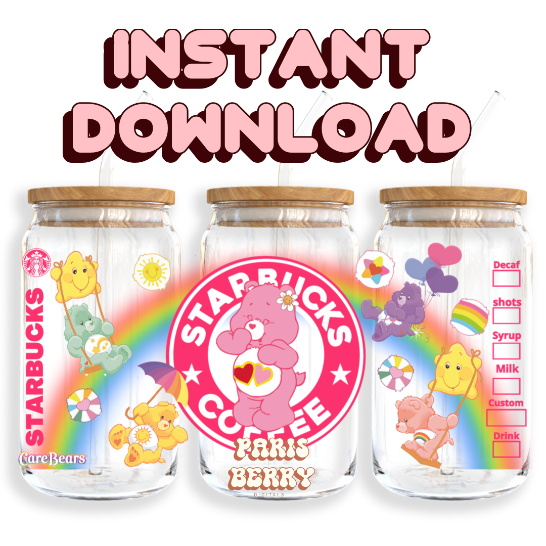 Care Pink Bears Coffee - 16oz PNG Cup Wrap | Instant Digital Download