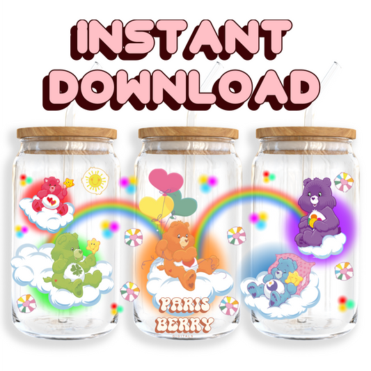 Care Rainbow Clouds Bear - 16oz PNG Cup Wrap | Instant Digital Download