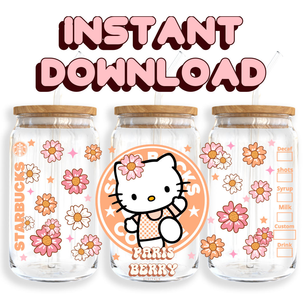 Cute Orange H.Kitty Coffee - 16oz PNG Cup Wrap | Instant Digital Download