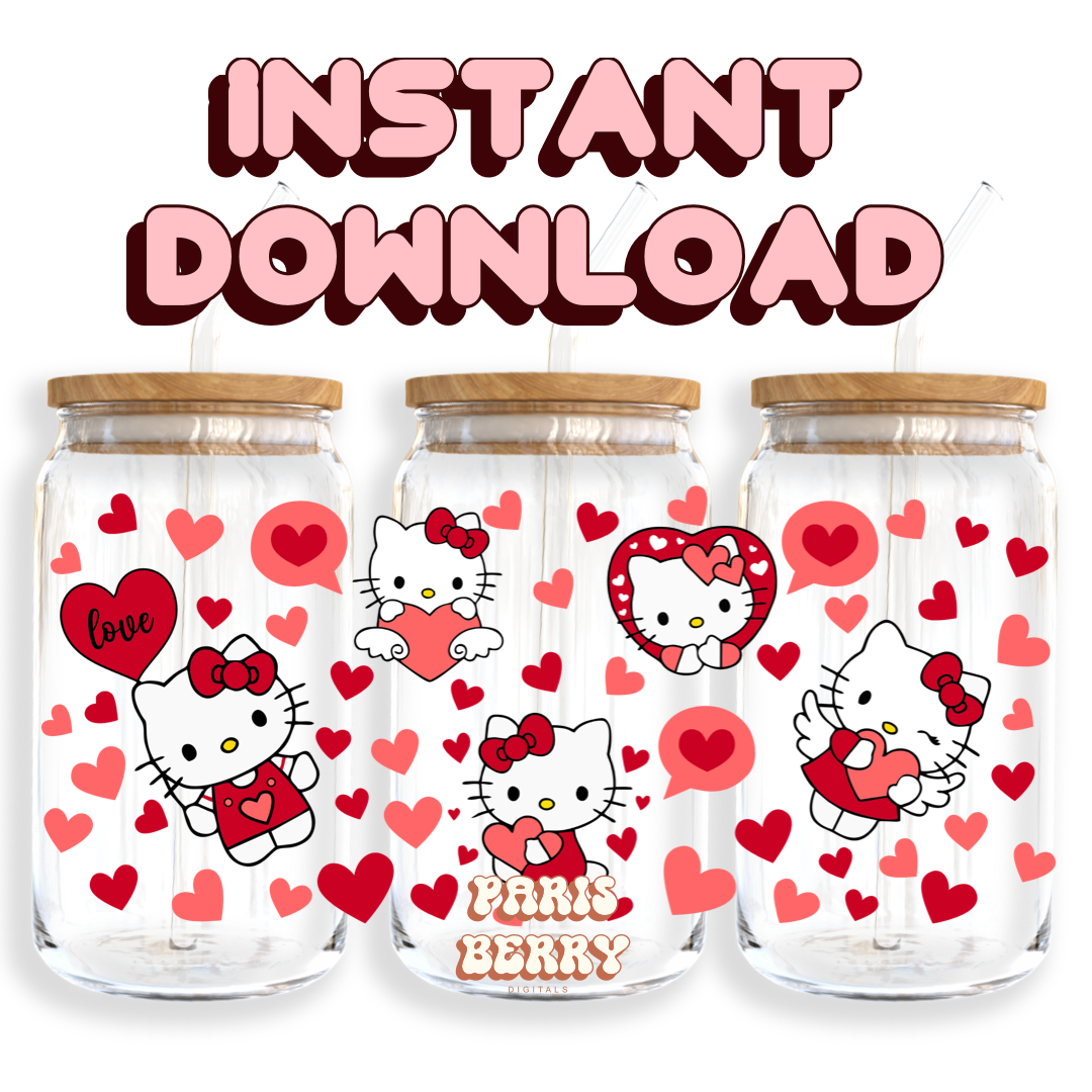 Cute H.Kitty Hearts - 16oz PNG Cup Wrap | Instant Digital Download