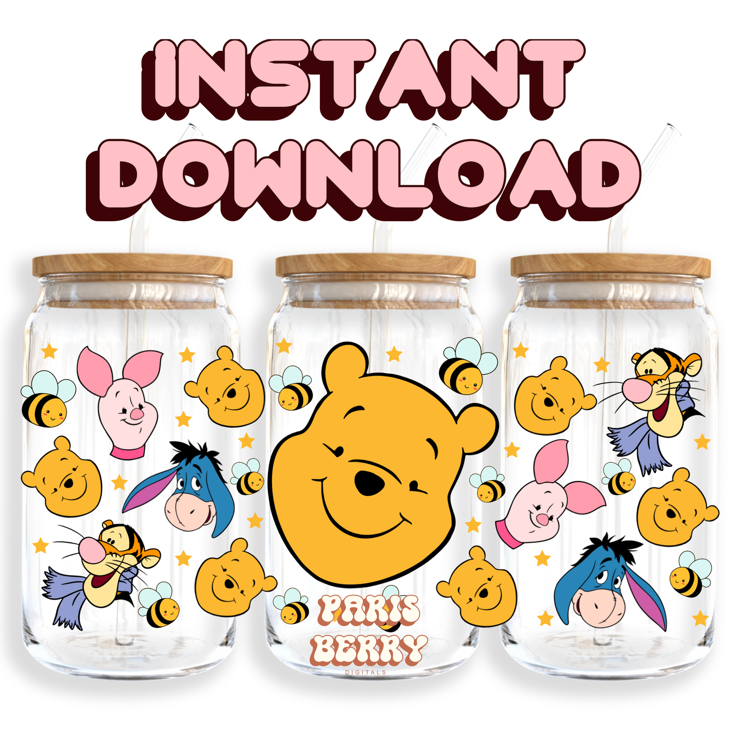 Honey Pooh Bear Face - 16oz PNG Cup Wrap | Instant Digital Download