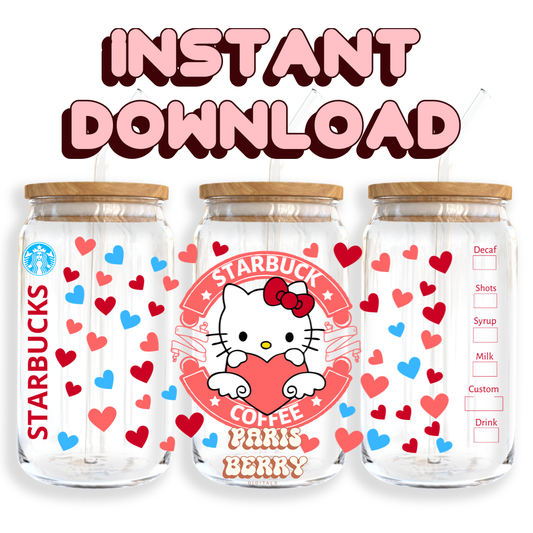 Cute H.Kitty Coffee Hearts - 16oz PNG Cup Wrap | Instant Digital Download