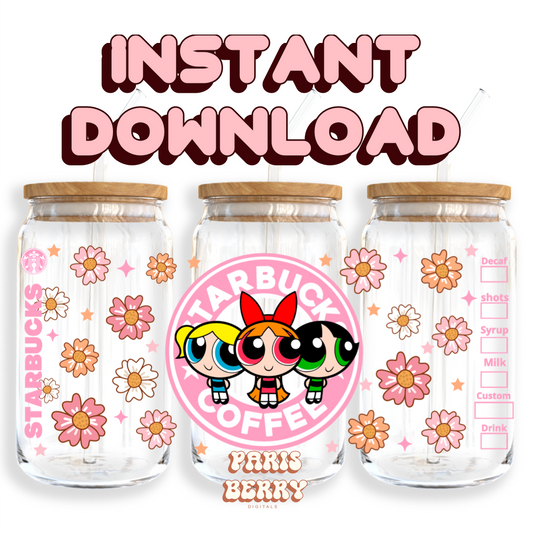 Power Puff Coffee Girls - 16oz PNG Cup Wrap | Instant Digital Download