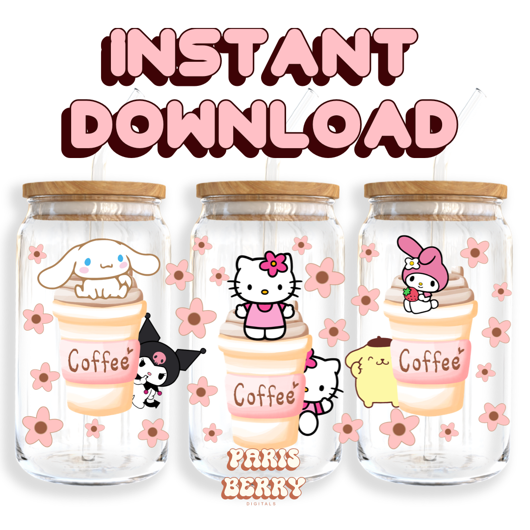 Cute H.Kitty Coffee Drinks - 16oz PNG Cup Wrap | Instant Digital Download