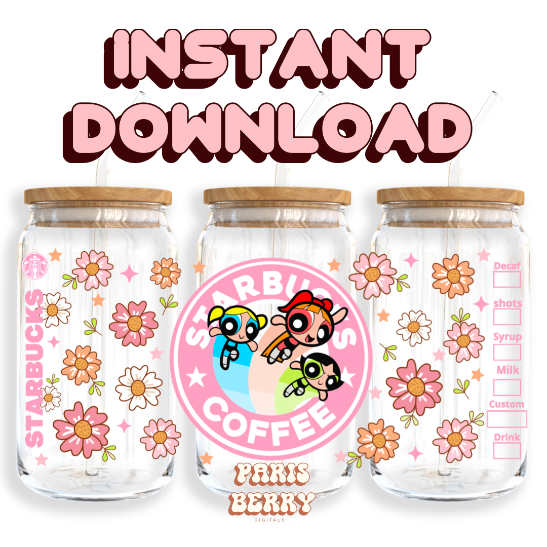 Pink Power Puff Coffee Girls - 16oz PNG Cup Wrap | Instant Digital Download