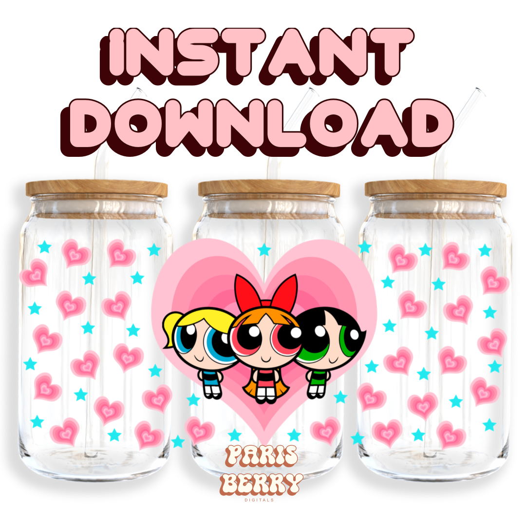 Power Puff Heart Girls - 16oz PNG Cup Wrap | Instant Digital Download