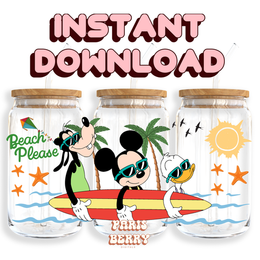 Beach Mouse & Friends - 16oz PNG Cup Wrap | Instant Digital Download