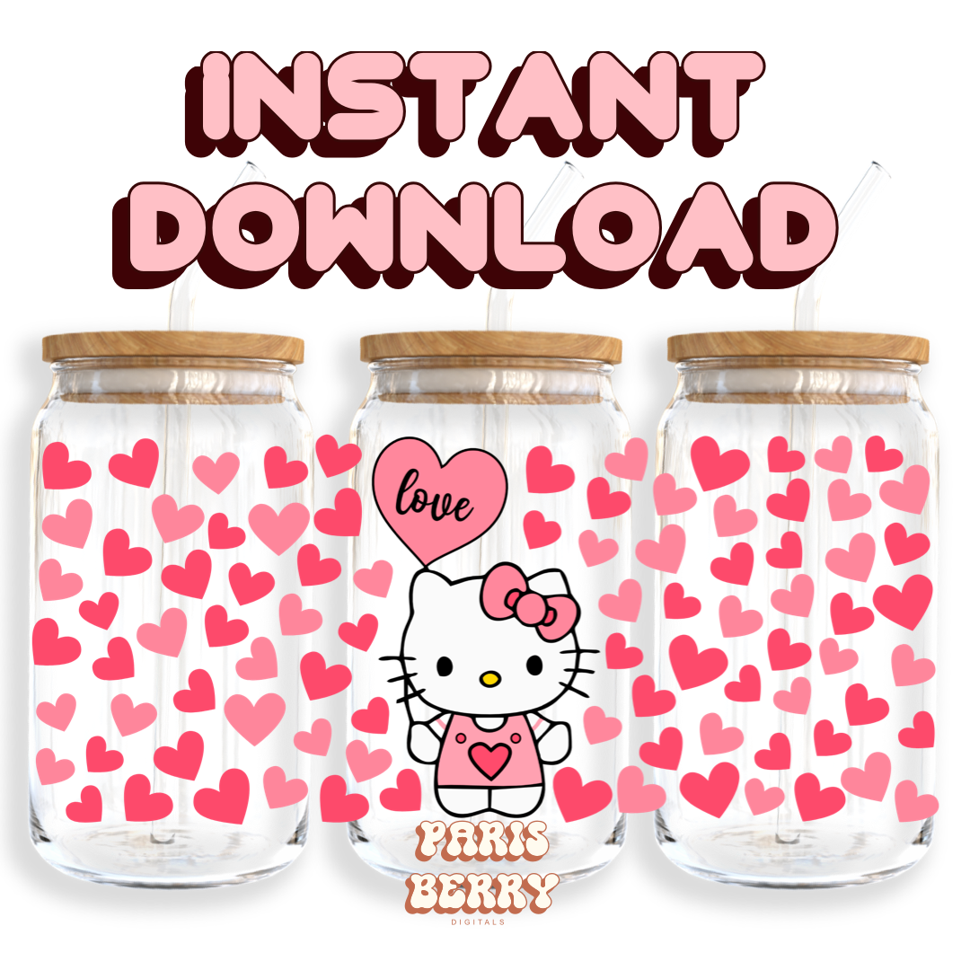 Cute H.Kitty Love Hearts - 16oz PNG Cup Wrap | Instant Digital Download